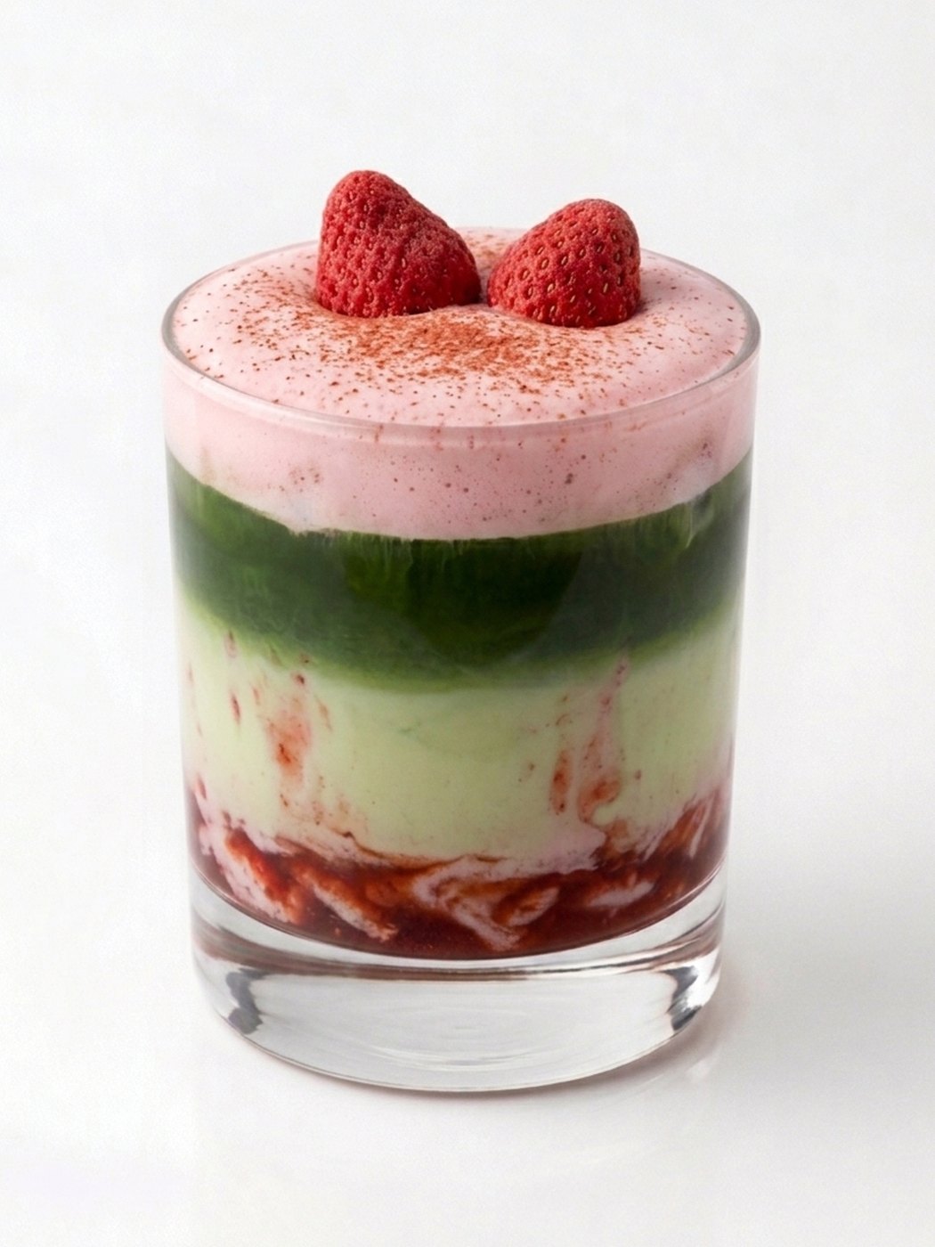 Strawberry cloud matcha with pink cold foam and freeze-dried strawberries